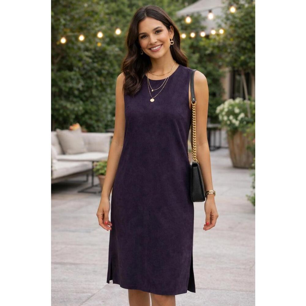 Studio Works Purple Faux Suede Sleeveless Dress Side Slits Chic Minimalist, 16W